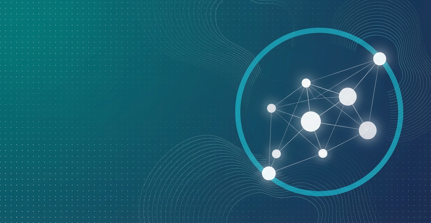 CURATOR visual identity with a network of connected points on a deep teal background
